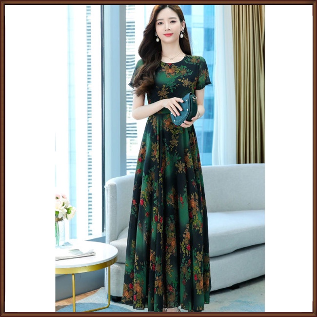 Đầm Midi Tay Ngắn Cổ Tròn Dáng Chữ A in Họa Tiết Hoa Thời Trang Xinh Xắn Cho Nữ