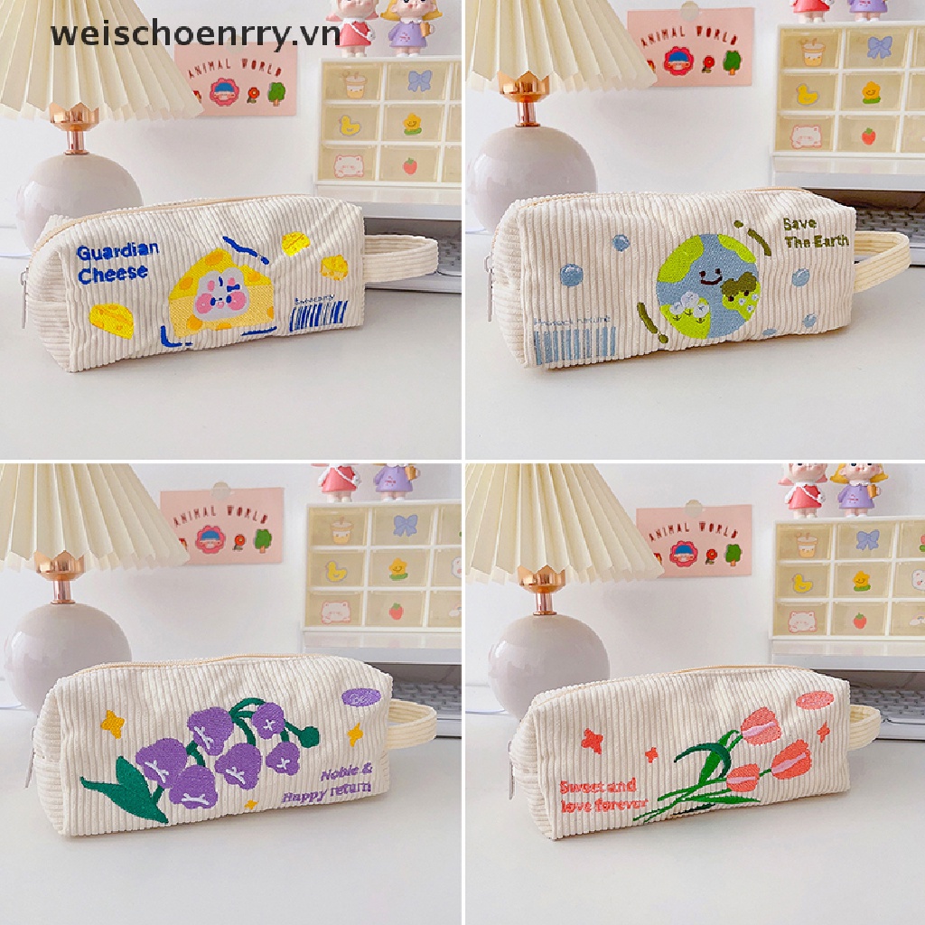 Túi Đựng Bút / Cọ Trang Điểm Sức Chứa Lớn Thêu Họa Tiết Dễ Thương Có Khóa Kéo Cho Nữ