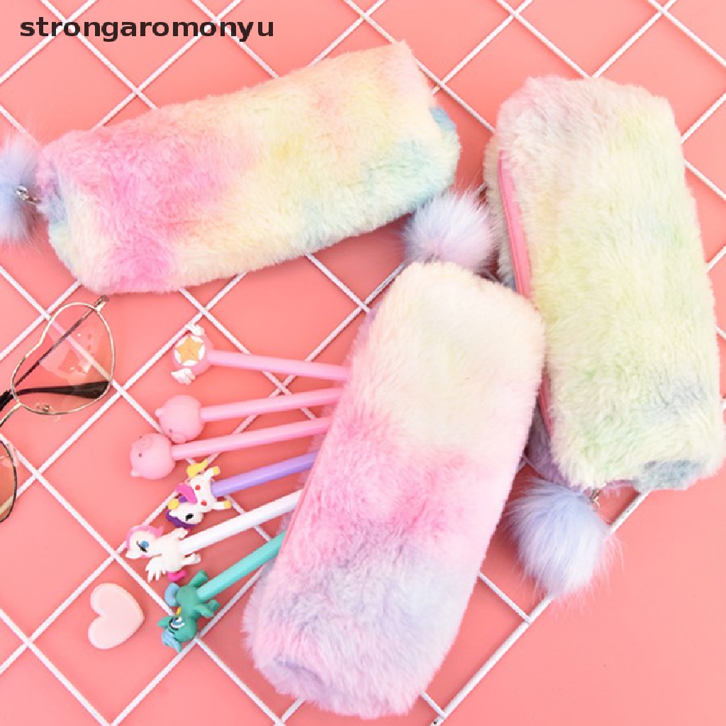 Túi Đựng Bút Bằng Lông Nhung Màu Sắc Gradient Dễ Thương Có Khóa Kéo