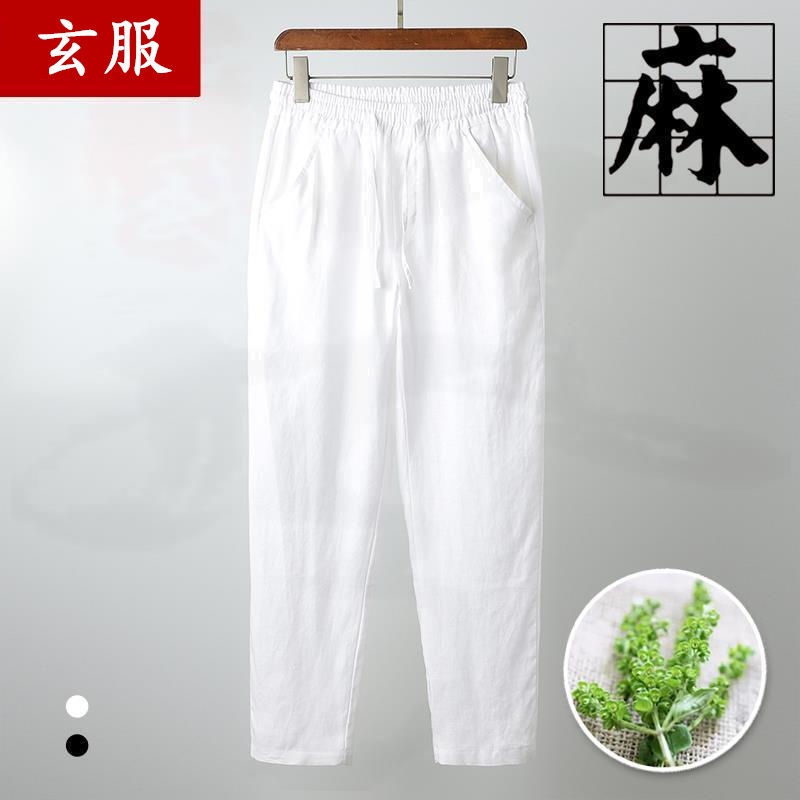 Quần chín tấc vải lanh M-5XL quần ống đứng màu trắng rộng rãi mẫu mỏng cho nam quần thường ngày vải cotton lanh phân chia đẹp trai trung niên