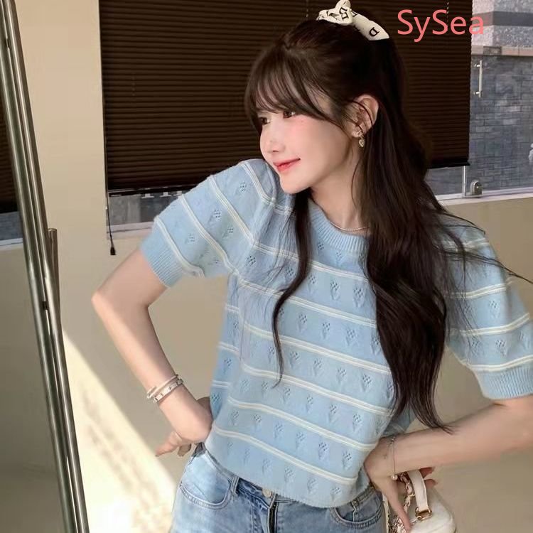 Áo Dệt Kim Cổ Tròn Họa Tiết Kẻ Sọc Thời Trang Mùa Hè Hàn Quốc Cho Nữ