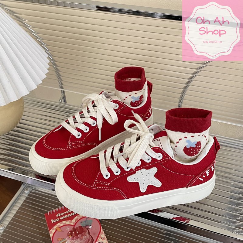 🍓  Giày Nữ Đi Học Giày Vải Canvas Màu Đỏ Hình Ngôi Sao
