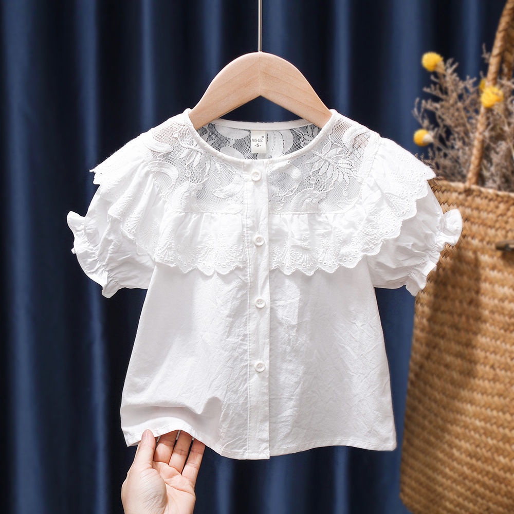 Áo Sơ Mi Cotton Lanh Tay Ngắn Cổ Búp Bê Dễ Thương Thời Trang Mùa Hè Cho Bé Gái