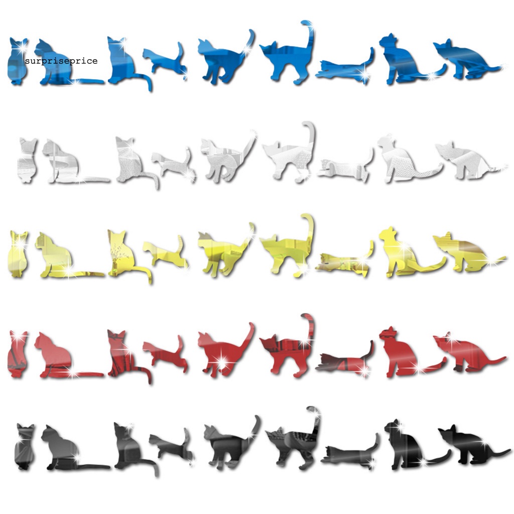 Bộ 9 Miếng Dán Tường Tráng Gương Họa Tiết Hoạt Hình Mèo Sáng Tạo Trang Trí Nhà Cửa