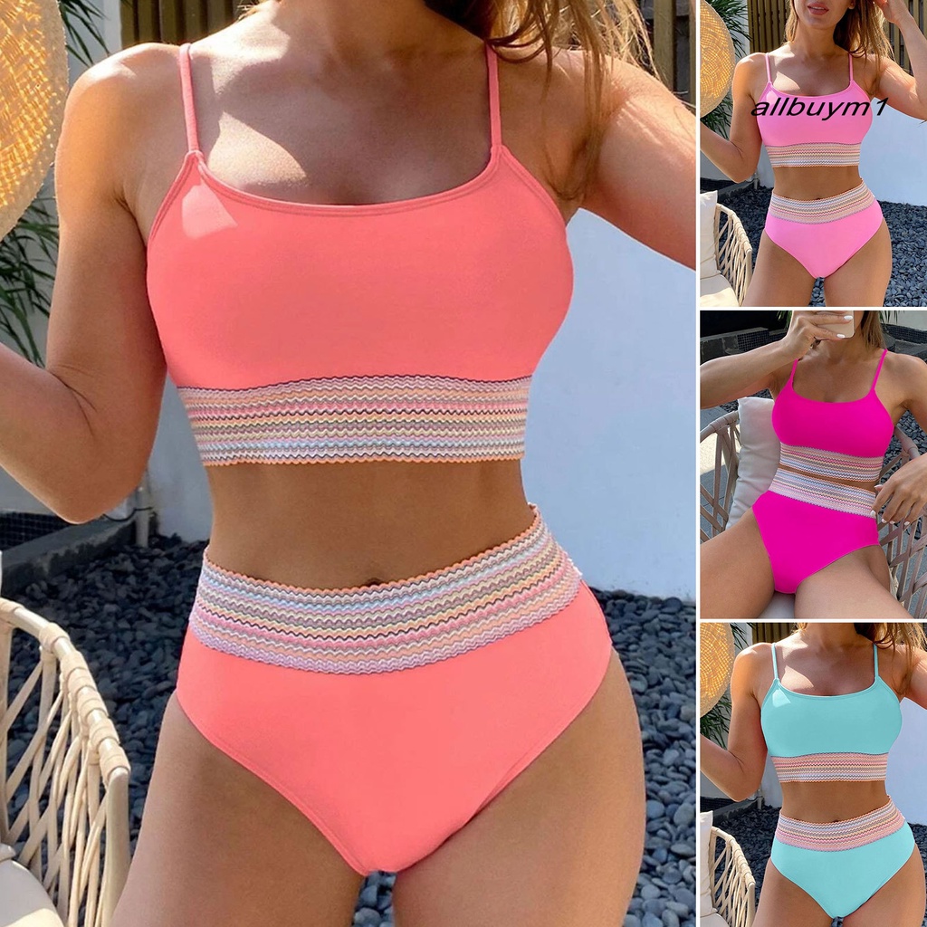 Bộ Bikini 2 Mảnh Lưng Cao Có Đệm Ngực Màu Sắc Phù Hợp Cho Đi Biển / Lướt Sóng / Lướt Sóng