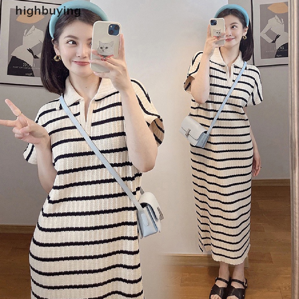 Đầm Thun Dài Cổ Chữ V Tay Ngắn Họa Tiết Kẻ Sọc Thời Trang Cho Nữ