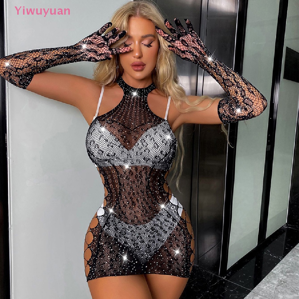 < Yiwuyuan > Bodysuit Lưới In Họa Tiết Da Báo Quyến Rũ Có Tay Áo Đính Đá Nóng Bỏng Cho Nữ