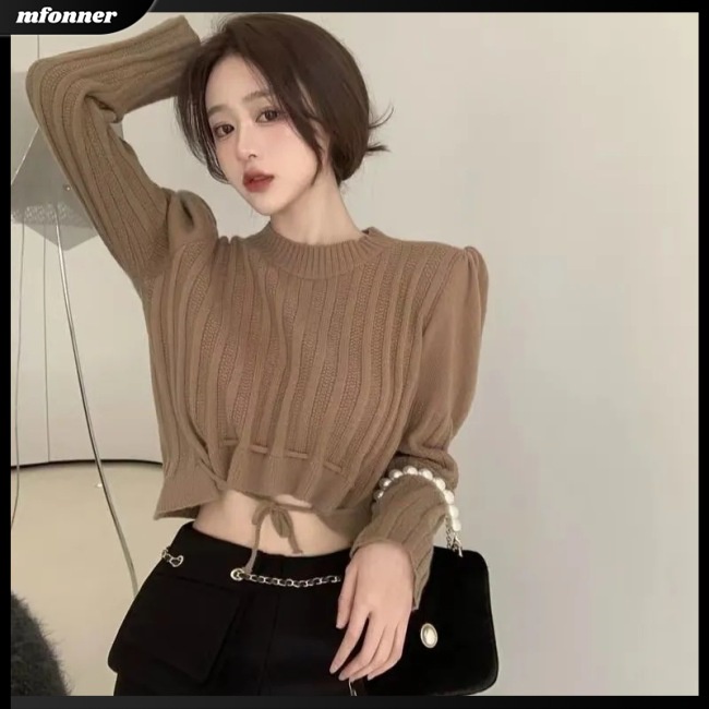 Áo Sweater Dệt Kim Tay Dài Cổ Tròn Màu Trơn Phối Dây Rút Thời Trang Cho Nữ