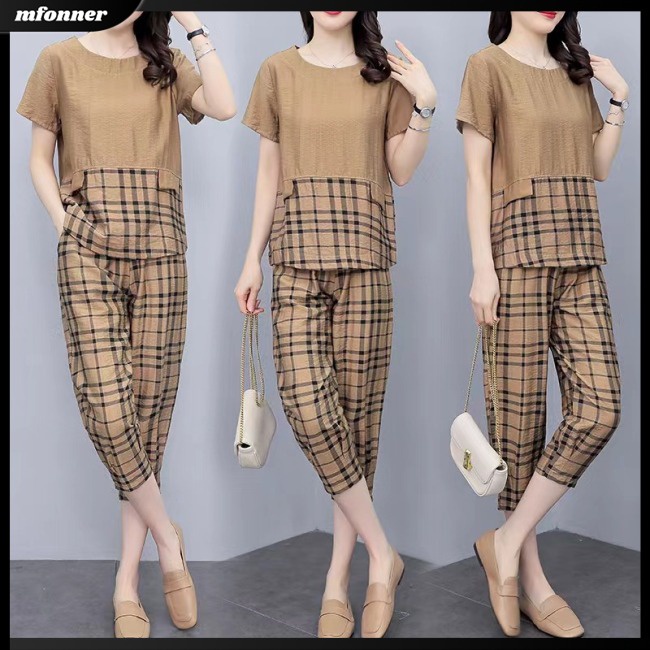 Bộ Trang Phục 2 Mảnh Chất Liệu Cotton Lanh Cổ Tròn Tay Ngắn Dáng Rộng Họa Tiết Sọc Caro Cho Nữ