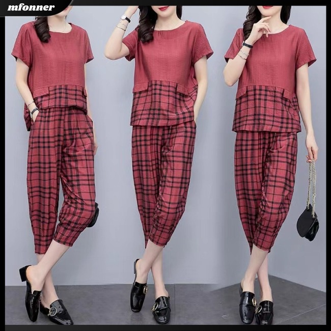 Bộ Trang Phục 2 Mảnh Chất Liệu Cotton Lanh Cổ Tròn Tay Ngắn Dáng Rộng Họa Tiết Sọc Caro Cho Nữ