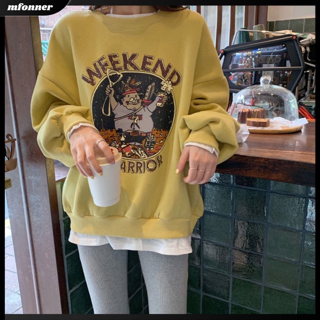 Áo Nỉ Tay Dài Dáng Rộng In Họa Tiết Hoạt Hình Đáng Yêu Cho Nữ