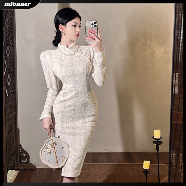 Đầm Sườn Xám Tay Dài Cổ Đứng Ôm Dáng Màu Trơn Thanh Lịch Cho Nữ