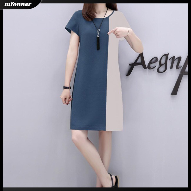 Đầm Dáng Chữ A Tay Ngắn Cổ Tròn Màu Sắc Tương Phản Thời Trang Cho Nữ