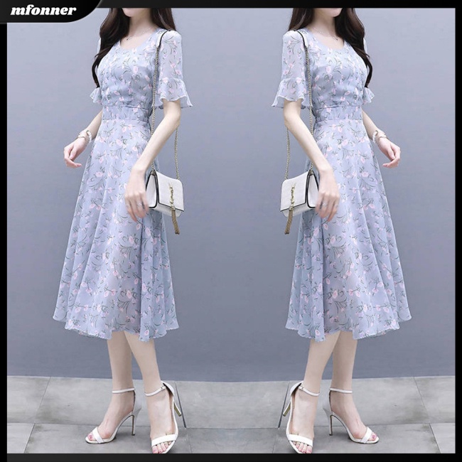 Đầm Dáng Chữ A Tay Ngắn Cổ Tròn in Hoa Thời Trang Mùa Hè Cho Nữ