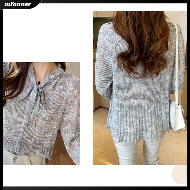 Áo Sơ Mi Chiffon Dài Tay Cổ V Thắt Nơ Họa Tiết Hoa Thời Trang Nữ