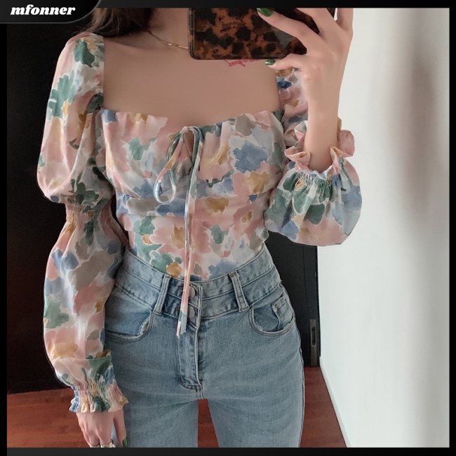 Áo Kiểu Tay Phồng Cổ Thuyền In Họa Tiết Hoa Thắt Nơ Xinh Xắn Thời Trang Cho Nữ