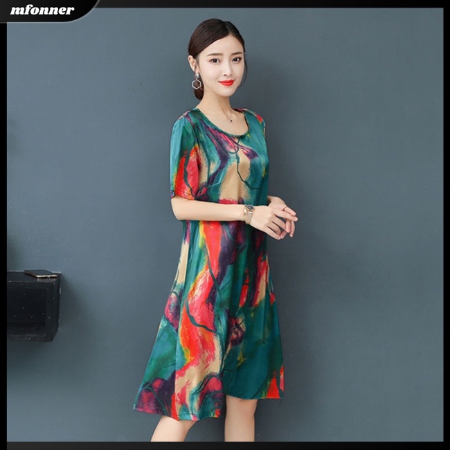 Đầm Chữ A Tay Ngắn Cổ Tròn Dáng Rộng In Họa Tiết Thời Trang Cho Nữ