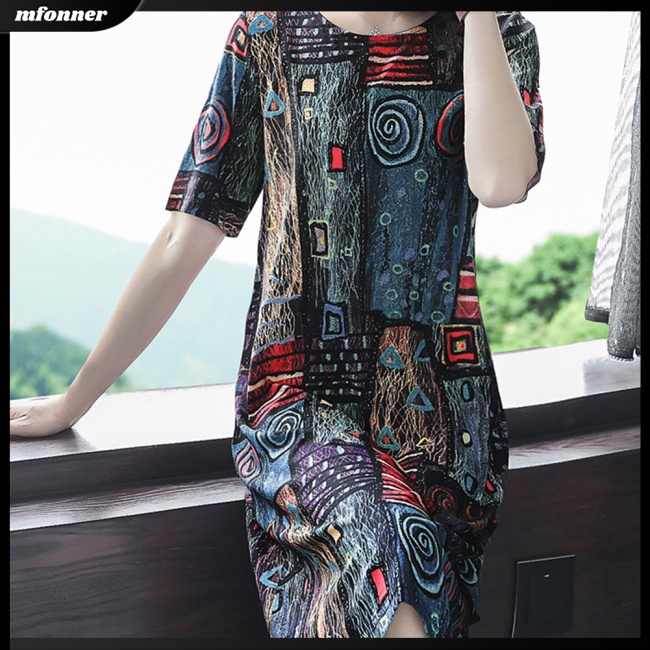 Đầm Midi Tay Ngắn Cổ Tròn In Họa Tiết Phong Cách Cổ Điển Thời Trang Cho Nữ