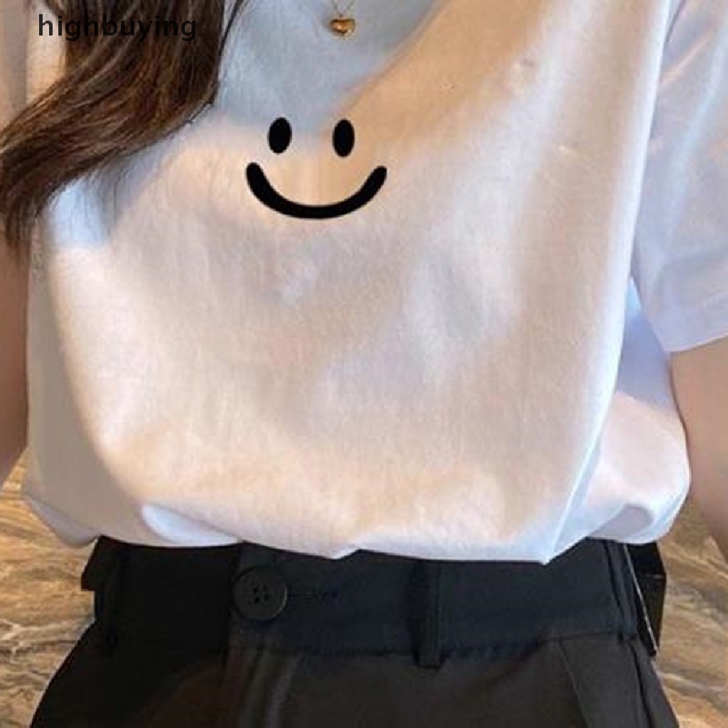 Áo Thun Tay Ngắn Cổ Tròn In Hình Mặt Cười Xinh Xắn Cho Nữ