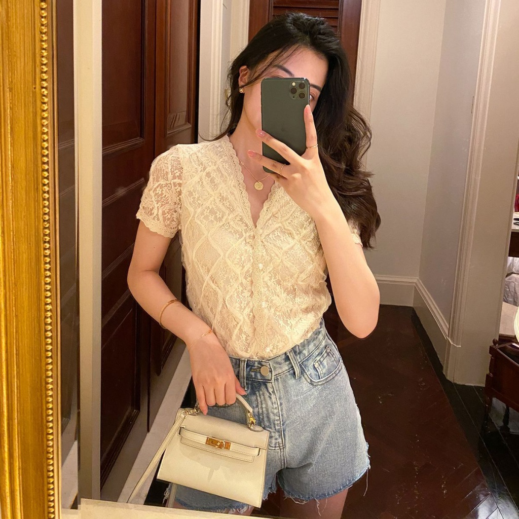 Áo Kiểu Tay Ngắn Cổ Chữ V Phối Ren Thời Trang Mùa Hè