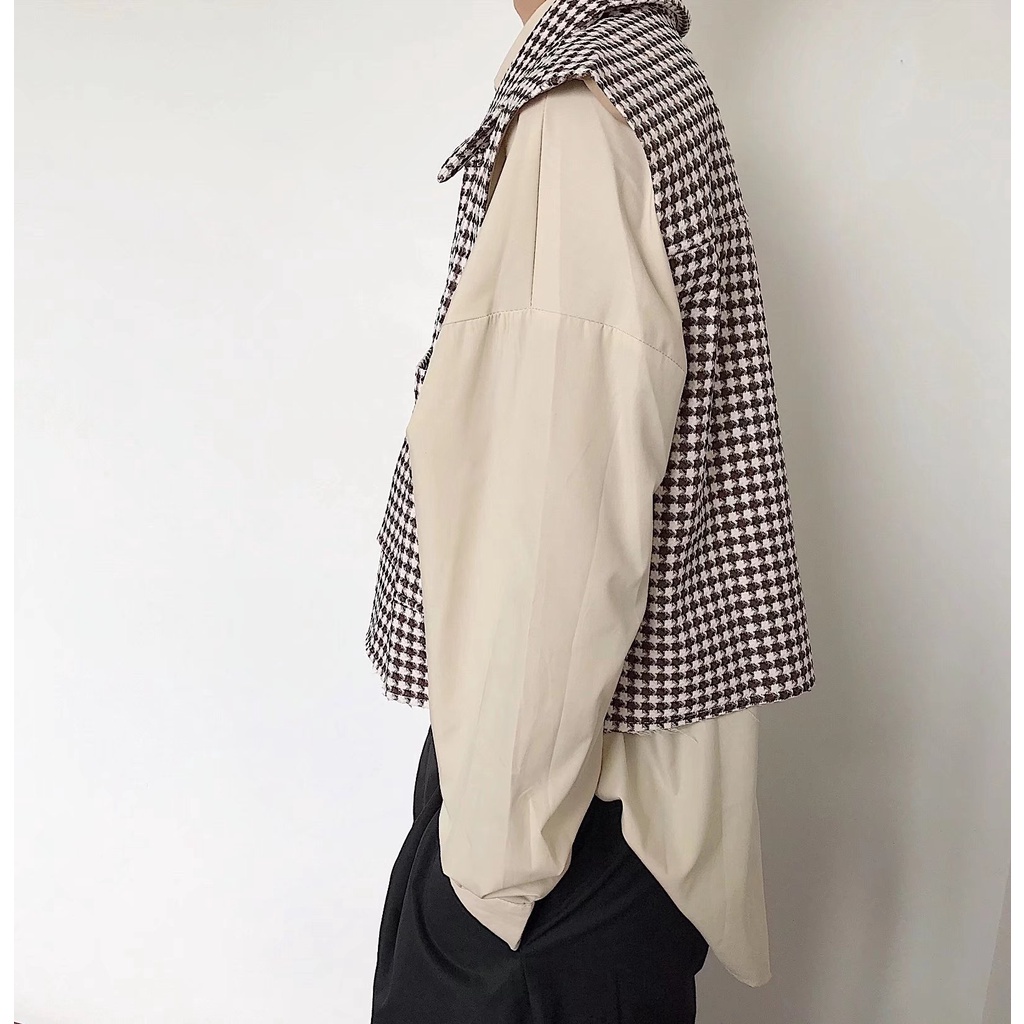 Áo Khoác Sát Nách Dáng Rộng In Họa Tiết Houndstooth Cá Tính Cho Nam