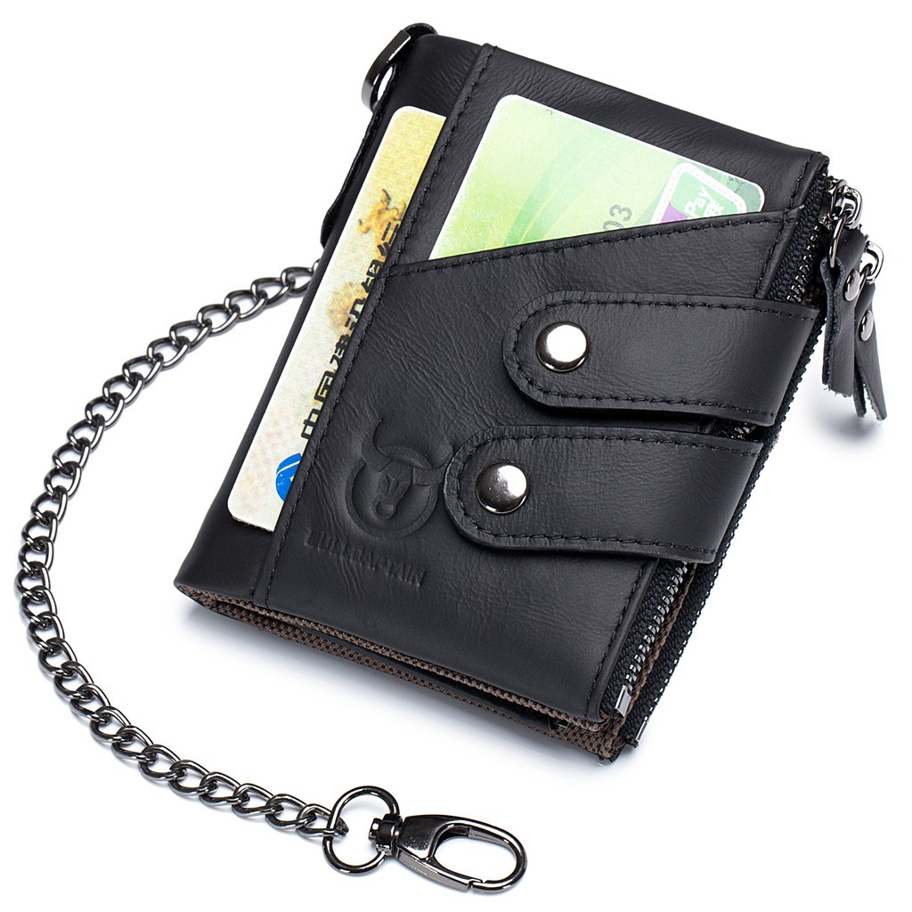 Ví Da Nam Gập Đôi Có Khóa Kéo Và Dây Xích Chống Trộm