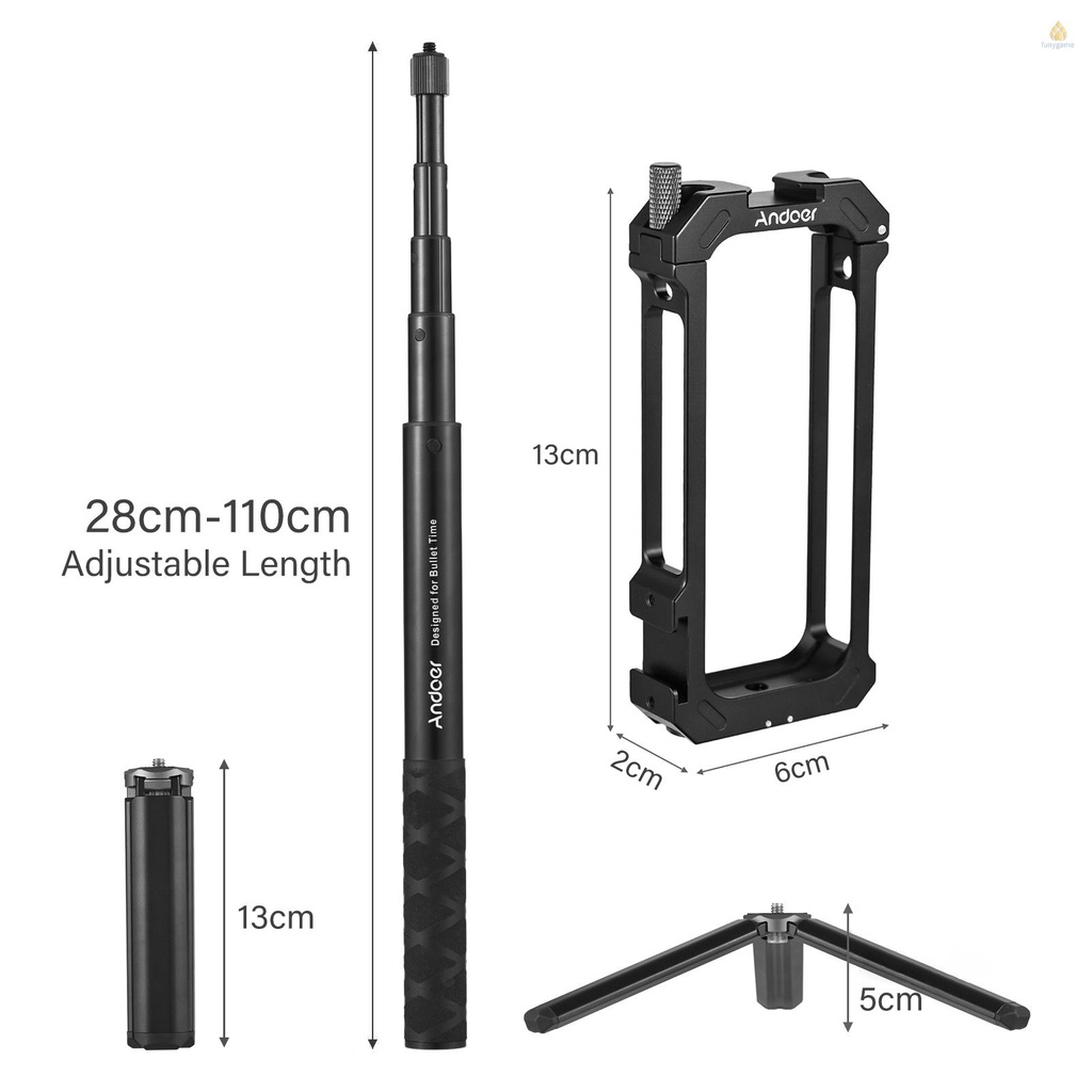 Khung Gắn Máy Ảnh Andoer Mini Bằng Hợp Kim Nhôm Kèm Gậy Tự Sướng 28cm - 110cm