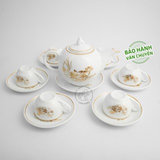  Bộ ấm chén sen trắng kẻ viền vàng kim sứ Bát Tràng cao cấp ấm pha trà sứ đẹp quà tặng 