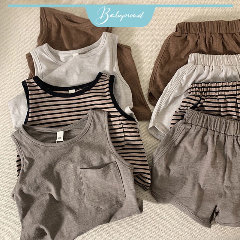 Set trang phục BABEPROUD áo sát nách và quần short thoáng khí họa tiết kẻ sọc/ màu trơn thời trang cho bé trai 0-6 tuổi