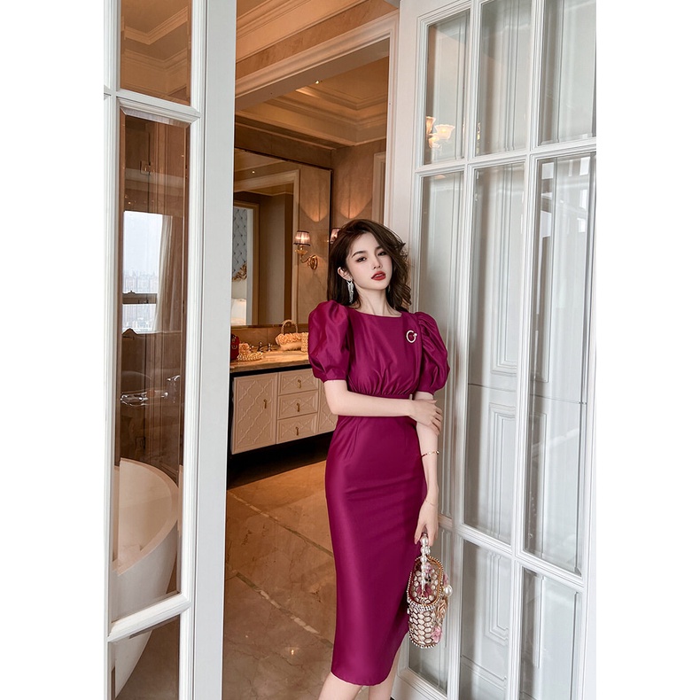 ZYHT  Đầm Tím Ôm Eo Tay Phồng Thời Trang Mùa Hè Kiểu Mới Cho Nữ 50159