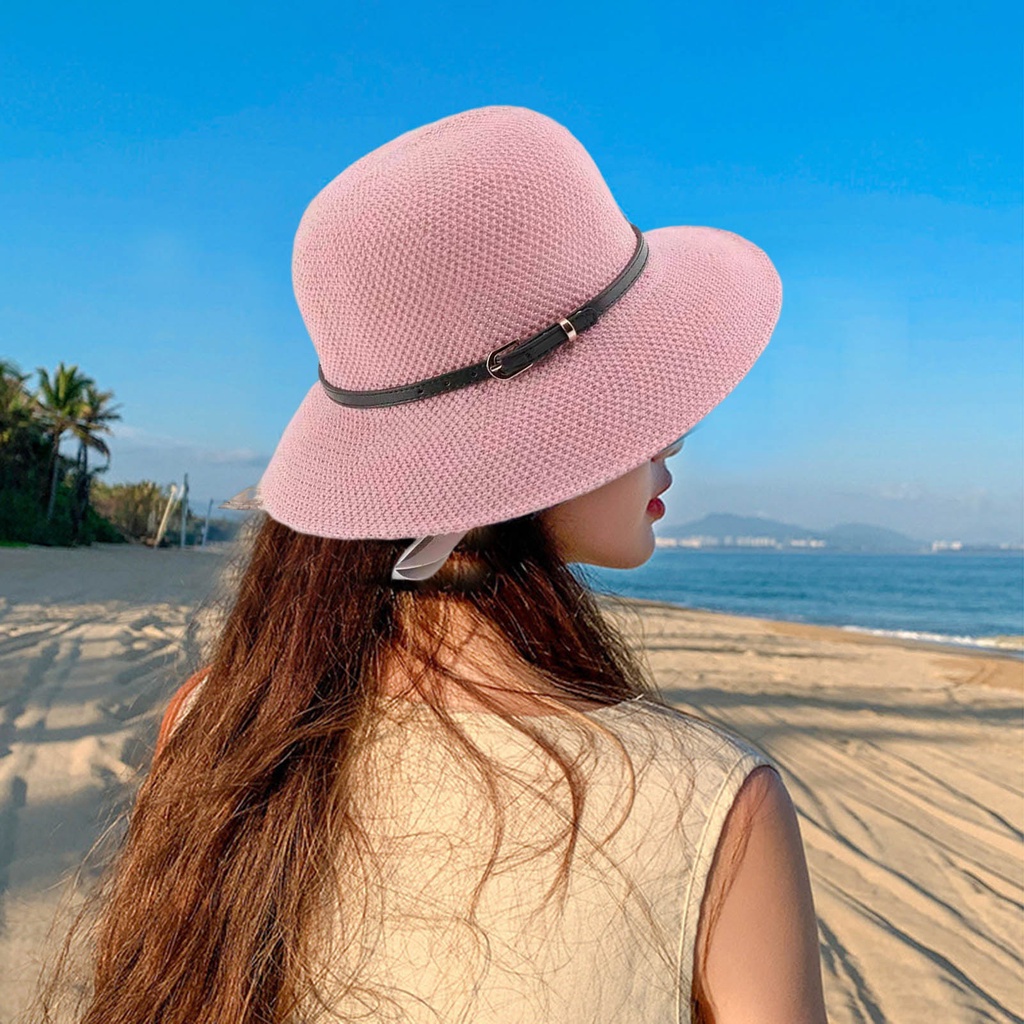 Mũ Rơm Dệt Tay Chống Nắng Mùa Hè Thoáng Khí Có Khóa Cài Bằng Da Giả Có Thể Gập Gọn Cho Nữ