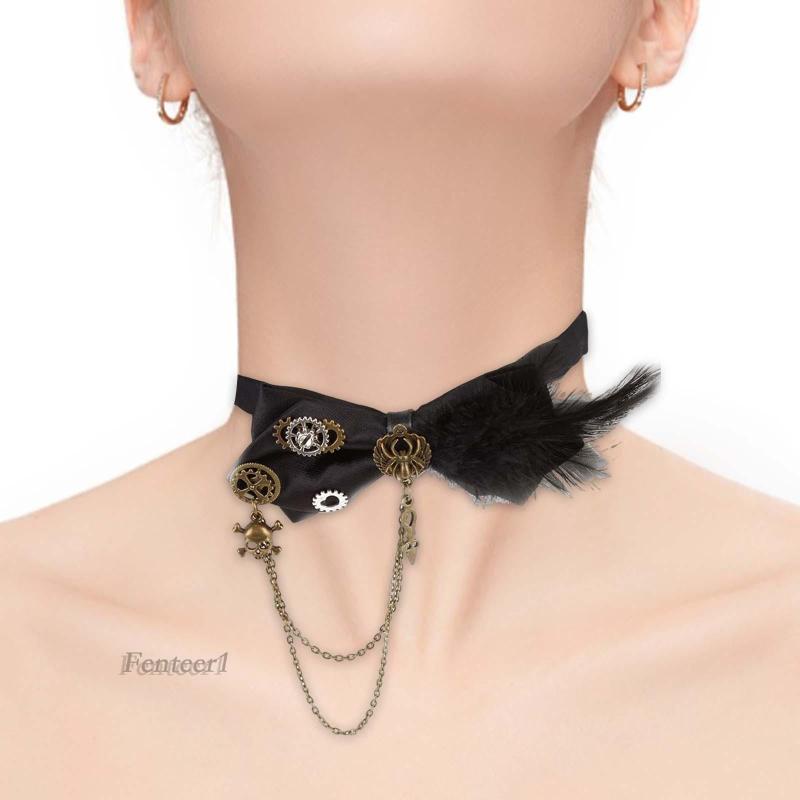 [Fenteer1] Vòng Cổ Choker Punk Với Dây Xích Bánh Răng Thoải Mái Màu Đen Cho Bạn Gái