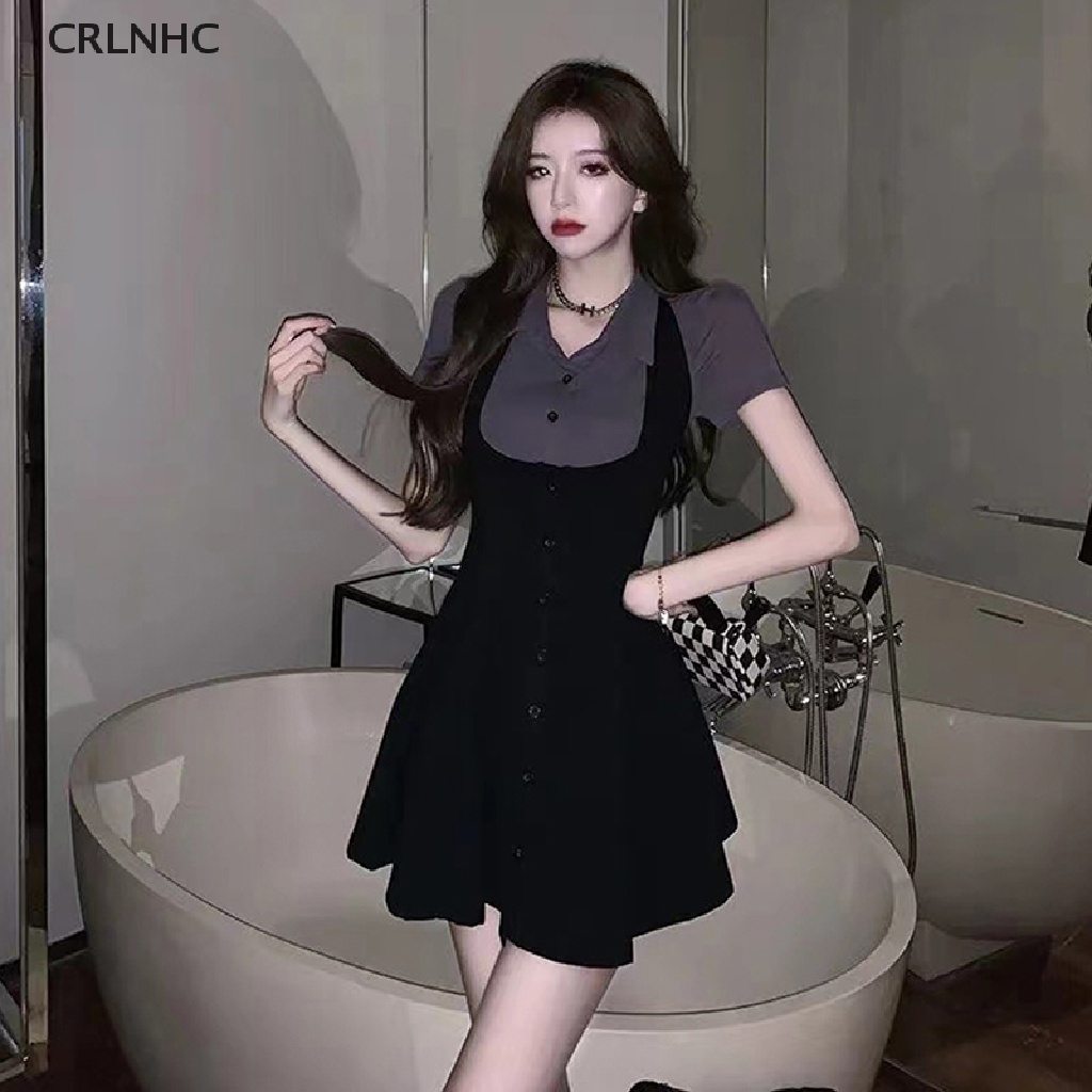 Crlnhhc Đầm Mini Giả Hai Mảnh Tay Ngắn Ghép Chữ A Cho Nữ Sinh Đại Học Hằng Ngày vn