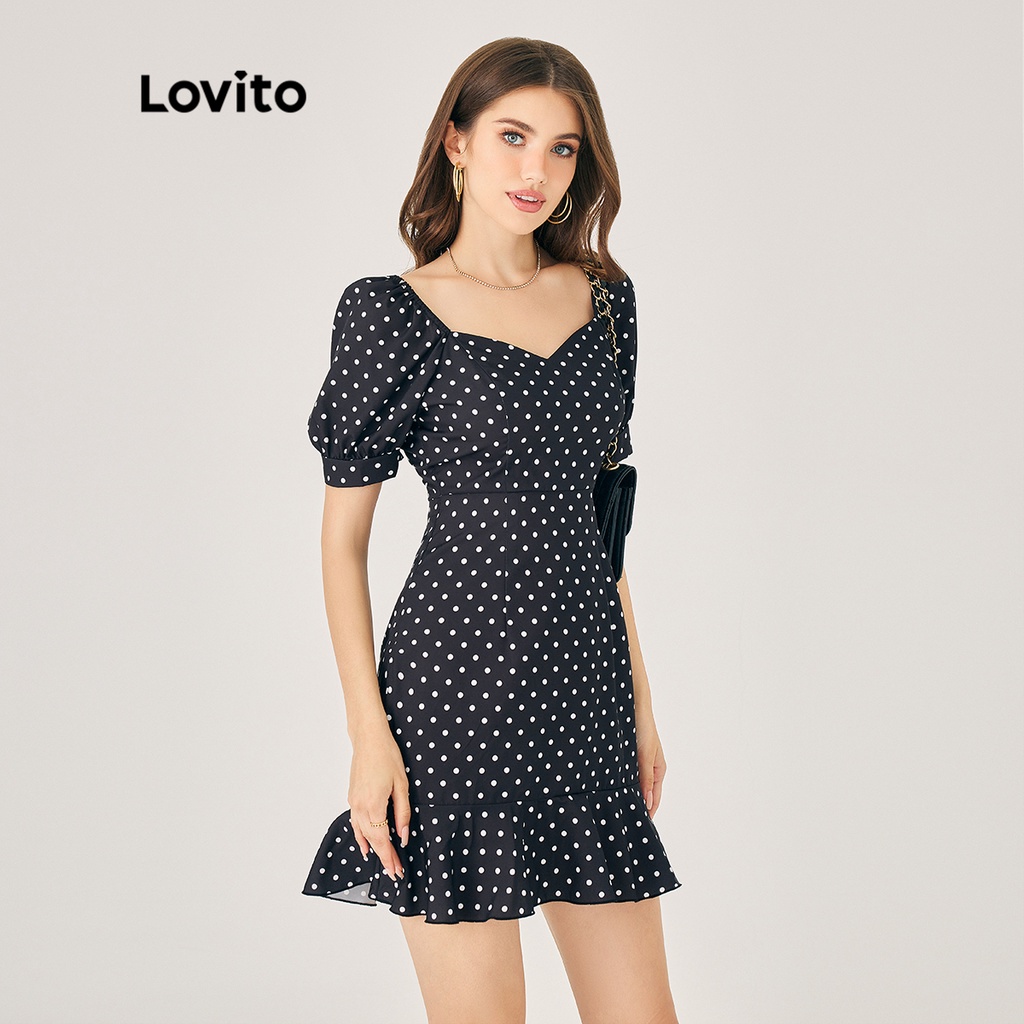 Đầm Lovito tay phồ̀ng cổ vuông phối bèo chấm bi thanh lịch cho nữ LNE02062 (màu đen)