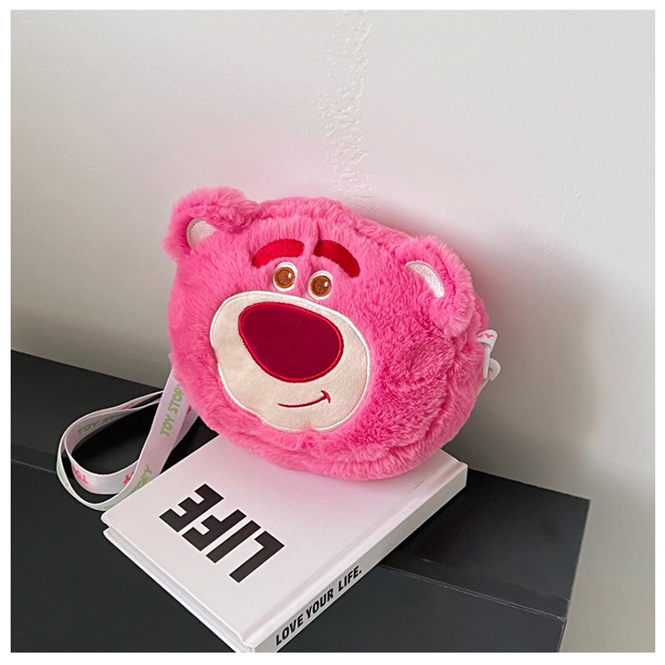 Favour Túi Đeo Chéo Hình Tròn Nhỏ Ba Mắt Phối Lông Xù Hình Gấu Dâu Tây Dễ Thương Dành Cho Bạn Nữ / Bé Trai