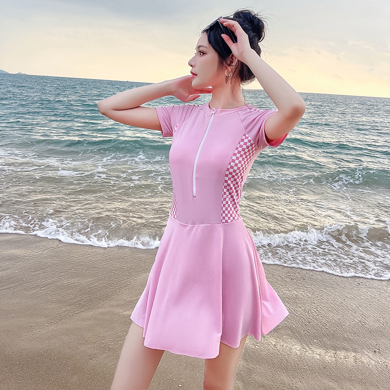 Đầm Bơi Một Mảnh Tay Ngắn Họa Tiết Sọc Caro Phong Cách Thể Thao Thời Trang Cho Nữ