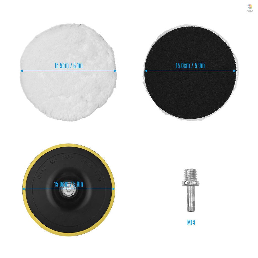 Bộ 6 Đĩa Mài Đánh Bóng Bằng Len 6 Inch Kèm Bộ Chuyển Đổi M14 Chuyên Dụng Chất Lượng Cao