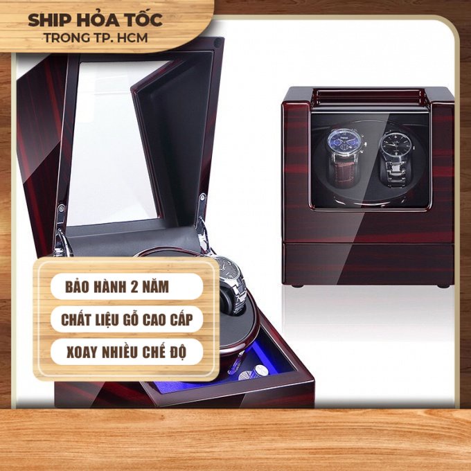 Hộp đựng đồng hồ cơ xoay 2 cái có led cao cấp kt 18x18x20cm kèm ảnh thật 0174