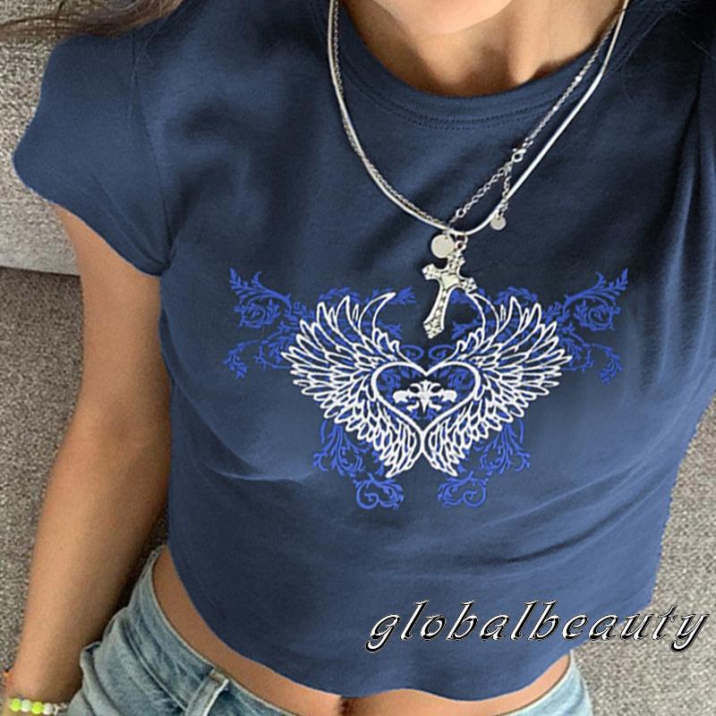 Áo Thun Tay Ngắn Cổ Tròn In Hình Cánh Thiên Thần Và Trái Tim Thời Trang Mùa Hè Cho Nữ