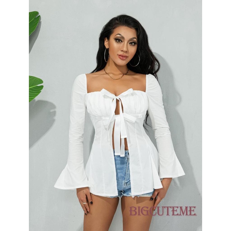 Áo Sơ Mi Dài Tay Cổ Vuông Màu Sắc Đơn Giản Thời Trang Đường Phố Cho Nữ