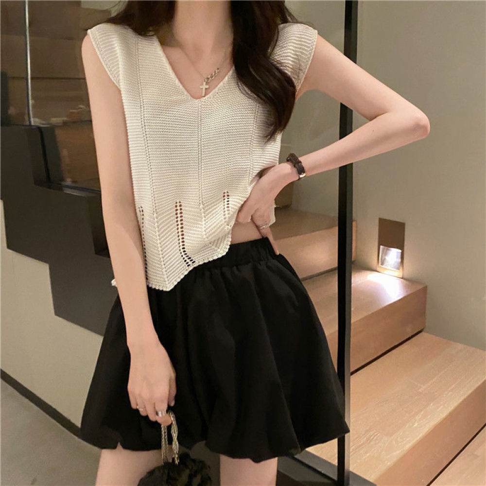 Áo Dệt Kim Sát Nách Dáng Rộng Cổ Chữ V Khoét Sâu Phong Cách Hàn Quốc Thời Trang Mùa Hè Cho Nữ