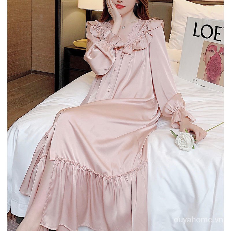 Đầm Ngủ Phối Ren Kiểu Công Chúa Màu Hồng Ngọt Ngào Phong Cách Pháp Thời Trang Xuân Thu Cho Nữ
