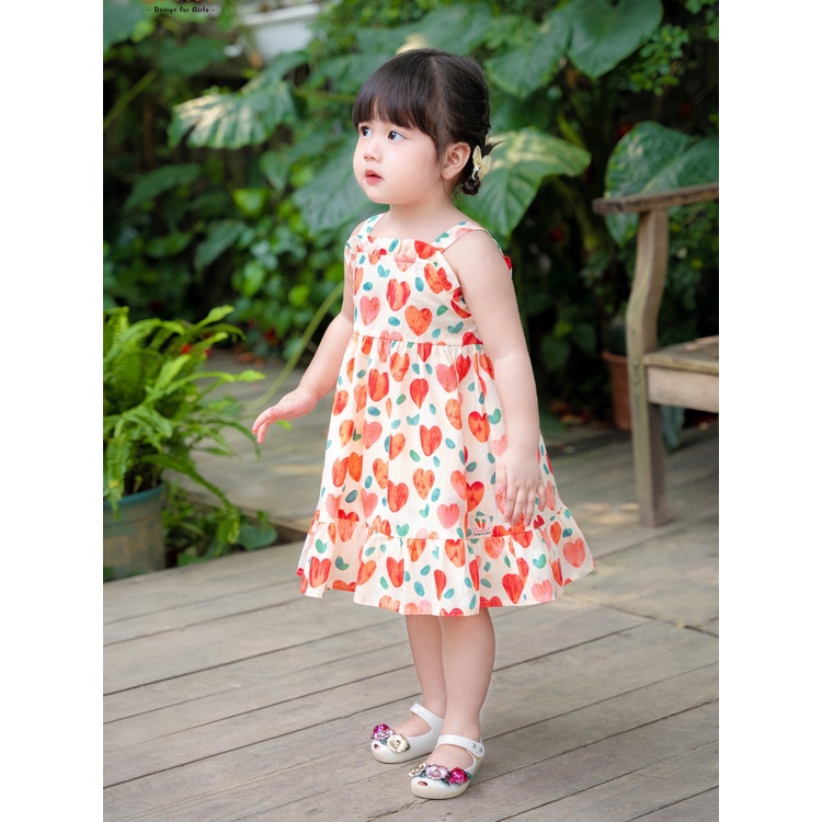 Váy Bé Gái CARROT Hai Dây Bèo Ngực, Họa Tiết Tim Cam, Chất Liệu Thô Cotton Thấm Hút Mồ Hôi Tốt