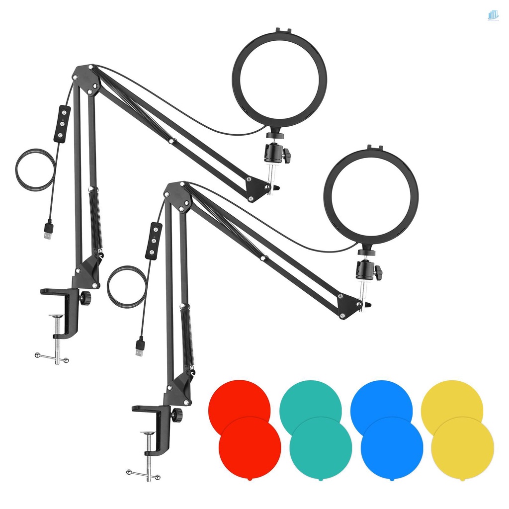 Bộ Đèn LED Tròn 6 Inch Andoer 2 * 5600K USB Kèm Giá Đỡ Kim Loại Để Bàn + 2 Đế Kim Loại Linh Hoạt