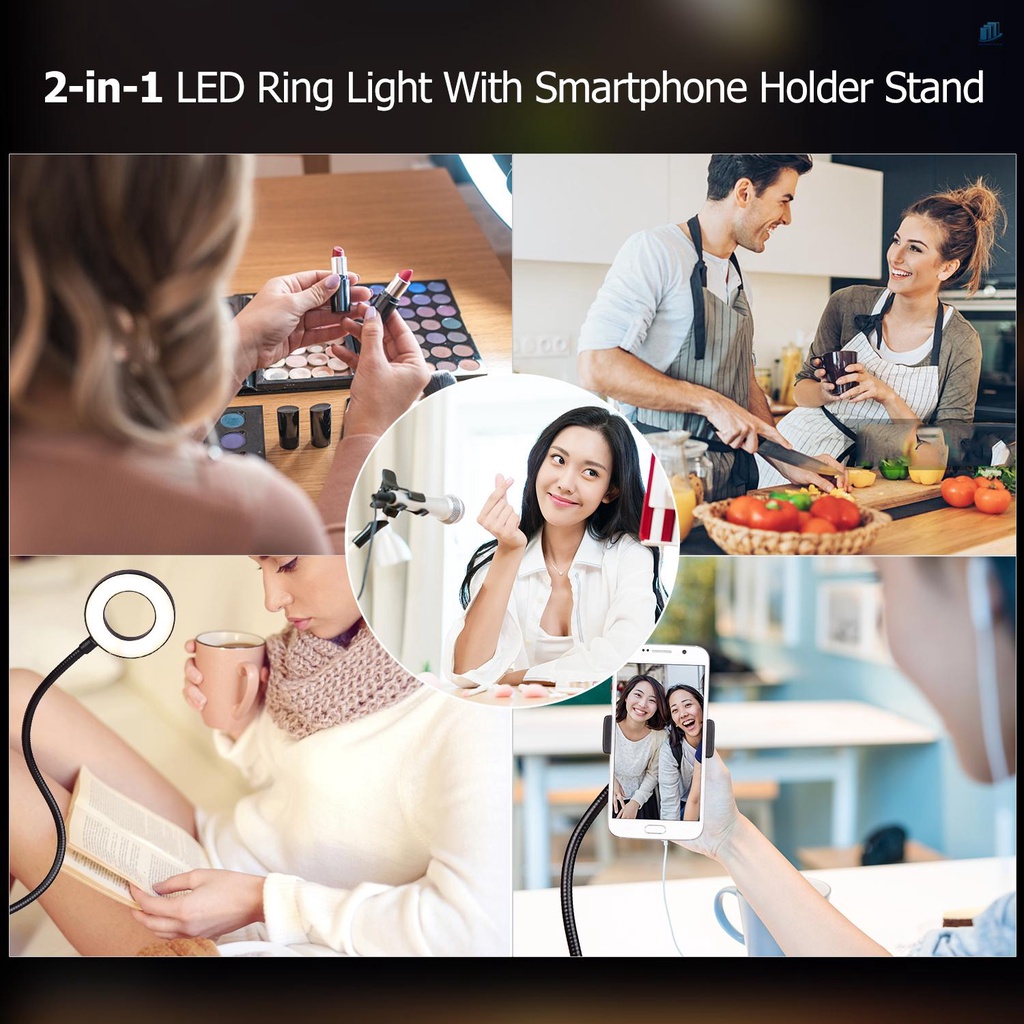 Vòng Đèn LED 2 Trong 1 Có Giá Đỡ Điện Thoại Di Động Hỗ Trợ Live Stream Trang Điểm Chụp Ảnh Tự Sướng Selfie Với Cánh Tay Kim Loại Linh Hoạt Tương Thích Với iPhone