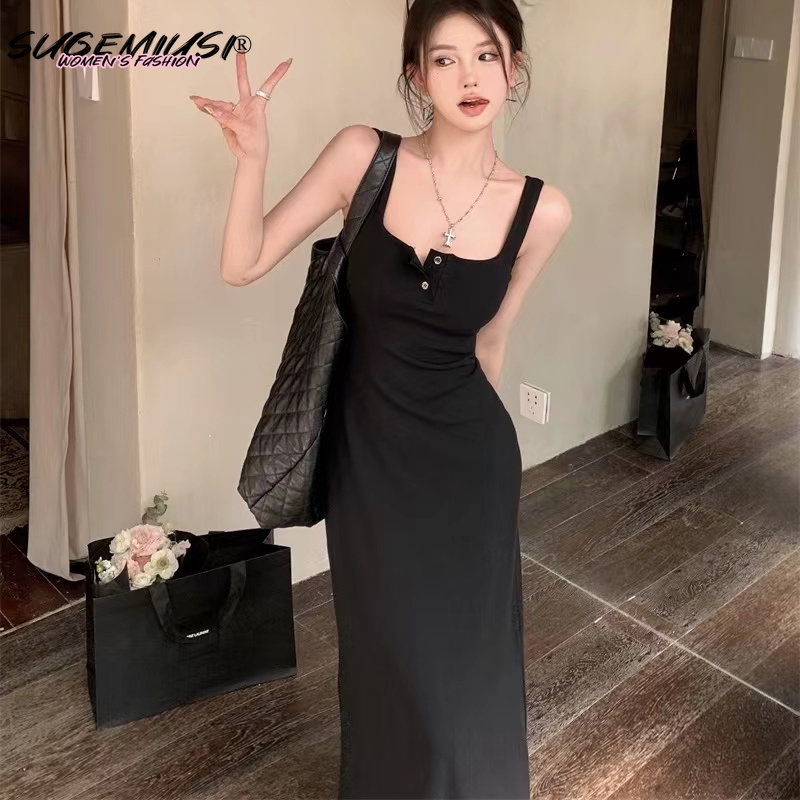 Sugemiusi Đầm Dài Dáng Chữ a Không Tay Cao Cấp Màu Đen Trơn Phong Cách Mùa Hè Mới Cho Nữ