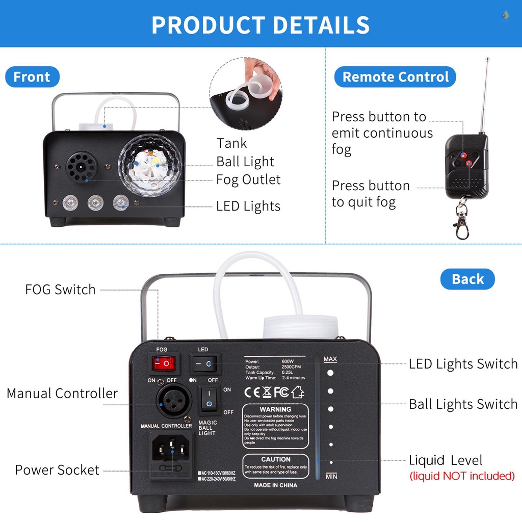 Máy Tạo Khói Sân Khấu Di Động 600W RGB Với Đèn LED 3 Màu 250ml Điều Khiển Từ Xa Tiện Dụng