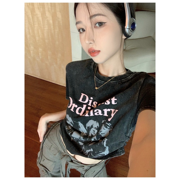 Áo Thun Ngắn Tay Lưng Cao Phối Dây Rút Phong Cách Retro Mỹ Mùa Hè Mới 2023 Cho Nữ