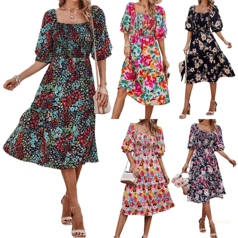 Đầm Dáng Chữ A Tay Phồng Ngắn Cổ Vuông In Hoa Phong Cách Boho Thời Trang Mùa Hè Cho Nữ