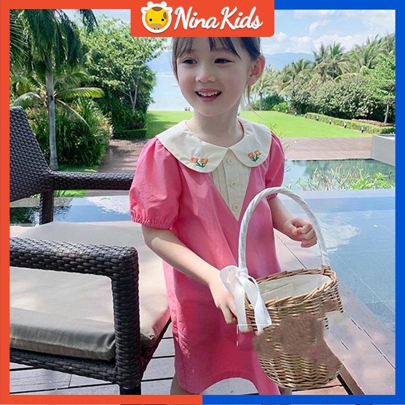 Đầm Cotton Cổ Búp Bê Thêu Họa Tiết Dễ Thương Phong Cách Hàn Quốc Thời Trang Mùa Hè Cho Bé Gái 1 -